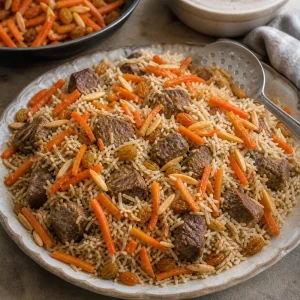 Kabuli pulao served on a platter with carrot-raisin garnish
