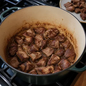 Lamb pieces browning in a Dutch oven