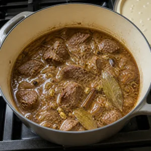 Lamb simmering in spiced broth with bay leaves