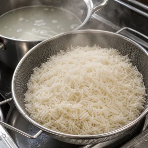 Parboiled basmati rice draining in a colander