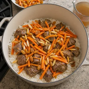 Rice, lamb, carrots, raisins, and almonds layered in a pot