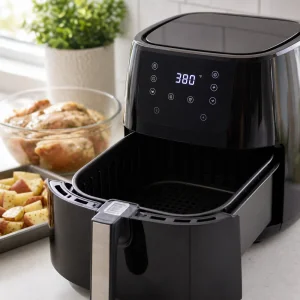 Air fryer preaquecendo a 380 graus com o cesto vazio pronto