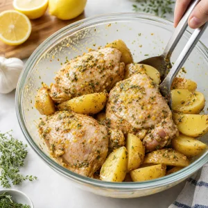 Coxas de frango e batatas envolvidas em marinada de limão e ervas