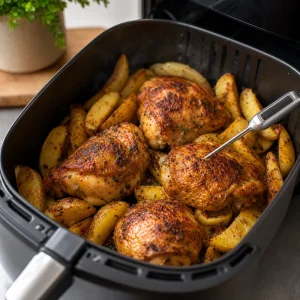 Coxas de frango crocantes e batatas douradas cozidas no cesto da air fryer