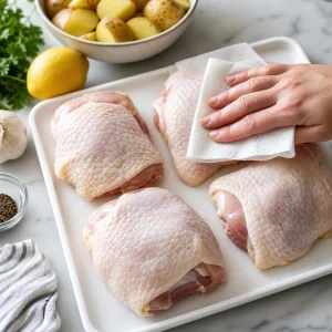 Coxas de frango cruas secas com papel toalha para pele crocante