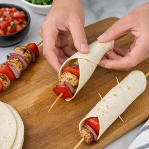 Espetinhos de frango enrolados em tortillas de farinha em espiral