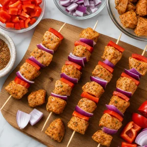Espetinhos montados com frango temperado, pimento e cebola roxa