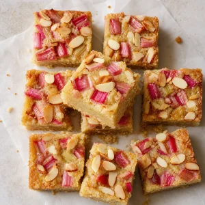 Finished almond-rhubarb picnic bars cut into squares
