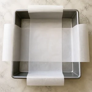 Stampo quadrato rivestito con strisce incrociate di carta forno