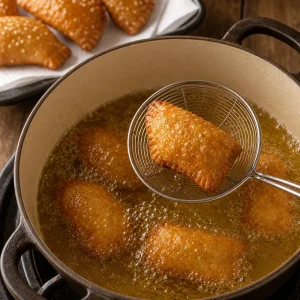 Goldene Pestiños frittieren in sprudelndem Öl