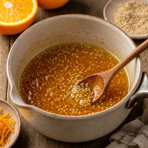Honig-Orangen-Glasur mit Sesam in einem Topf