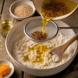 Aromatisiertes Olivenöl wird in die Mehlmischung gesiebt
