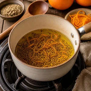 Olivenöl wird mit Anissamen und Orangenzeste erwärmt