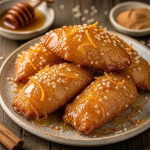 Warme glänzende Pestiños mit Sesam und Orangenzeste