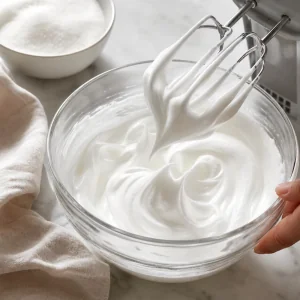 Egg whites beaten into stiff glossy meringue peaks