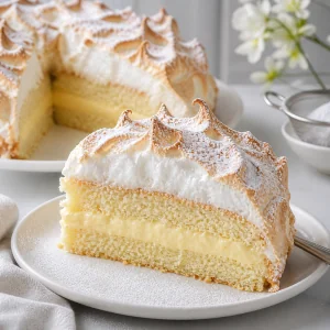 Finished Angel’s Tears Cake slice with custard and toasted meringue