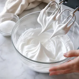 Fresh meringue whipped to stiff peaks for topping the cake