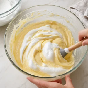 Glossy egg whites gently folded into yellow cake batter
