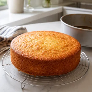 Golden sponge cake cooling on a wire rack