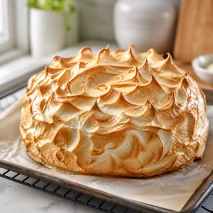 Meringue-covered cake baked until golden and crisp outside