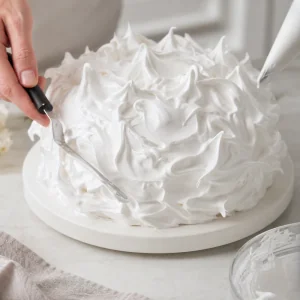 Meringue spread over the cake in decorative peaks and swirls