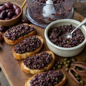 Tapenade grossa de azeitonas Kalamata com alcaparras colocada sobre pao torrado