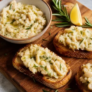Pasta de feijao branco e alecrim sobre tostas com limao e azeite