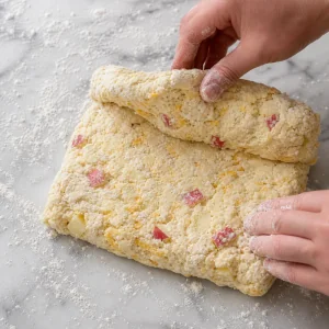 Apfel-Cheddar-Biscuit-Teig wird auf bemehlter Fläche gefaltet