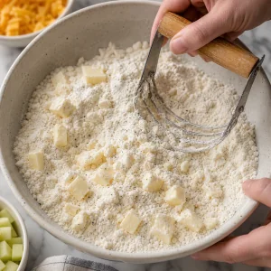 Kalte Butter wird in die Mehlmischung eingearbeitet