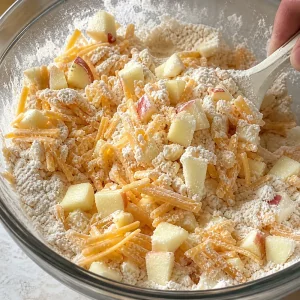 Apfelwürfel und Cheddar in Mehl gewendet
