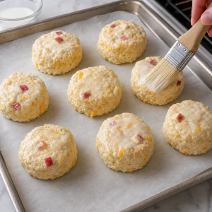 Ungebackene Biscuits werden auf dem Blech mit Sahne bestrichen