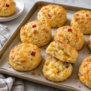 Warme gebackene Apfel-Cheddar-Biscuits kühlen auf dem Blech ab