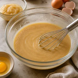Applesauce batter ingredients being whisked in a glass bowl