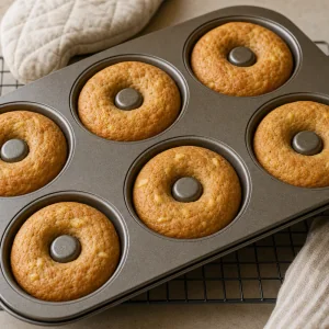 Baked apple cinnamon donuts puffed in a donut pan
