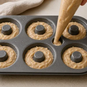 Donut batter being piped into a greased donut pan