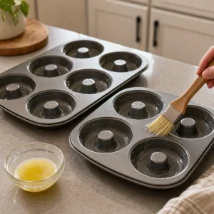 Donut pans being greased with a pastry brush