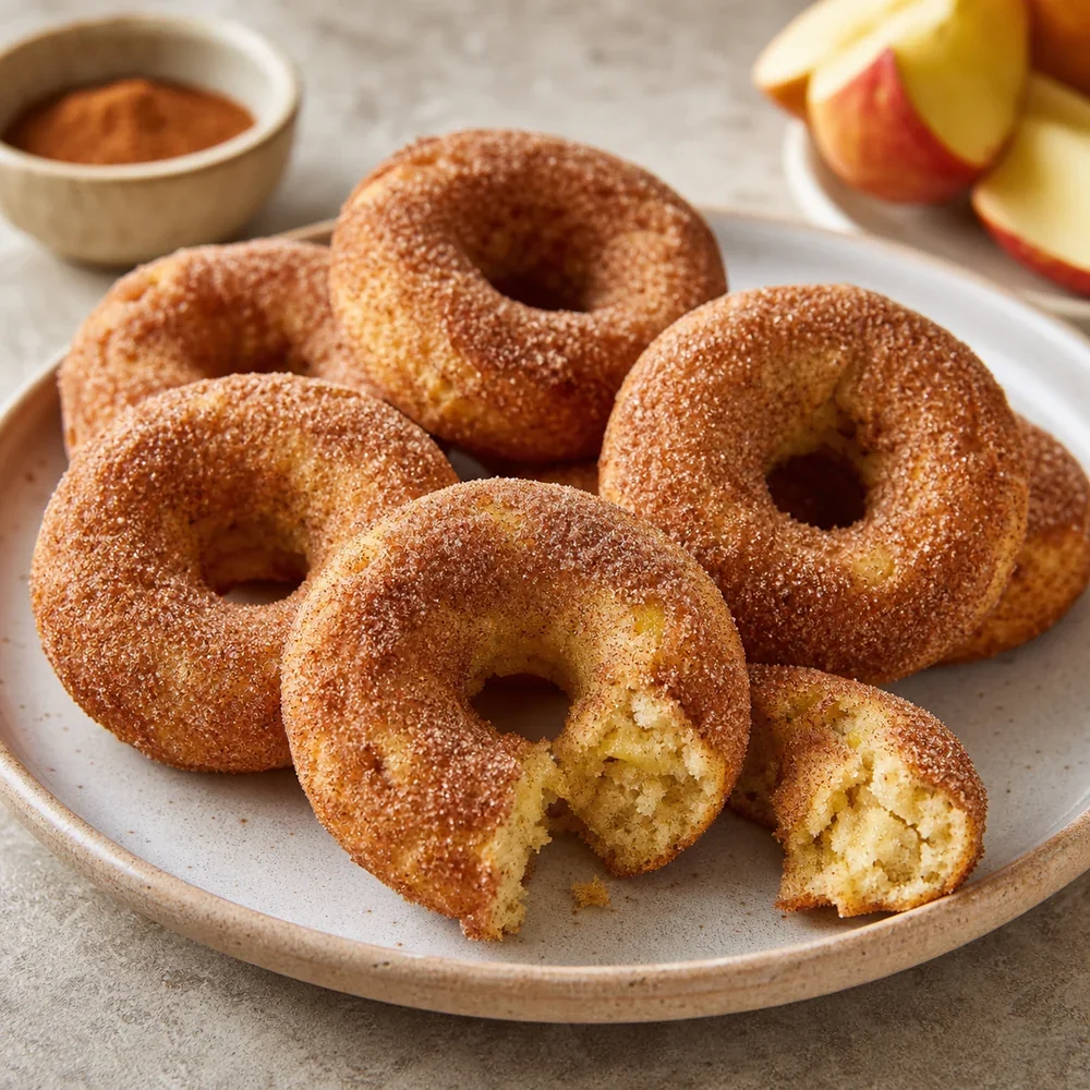 Finished apple cinnamon baked donuts coated with cinnamon sugar on a plate