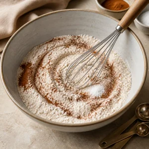 Flour and cinnamon being whisked in a mixing bowl