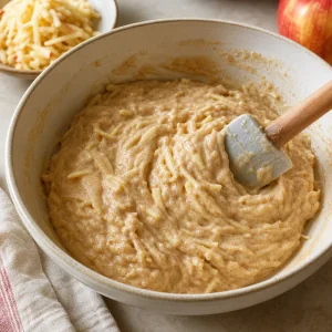 Grated apple folded into thick cinnamon donut batter