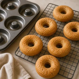 Warm baked donuts cooling on a wire rack