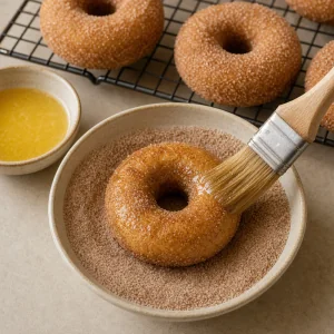 Warm donut brushed with butter in a bowl of cinnamon sugar