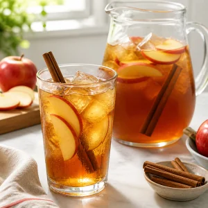 Glas Apfel-Zimt-Eistee auf Eis mit einer Kanne dahinter