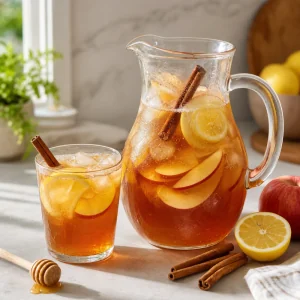 Jarra y vaso de té helado de manzana y canela con hielo, rodajas de manzana y ramas de canela