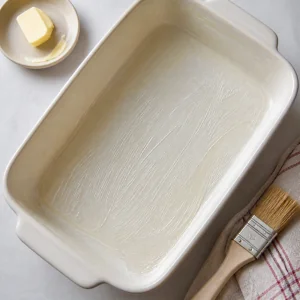 브레드 푸딩을 만들기 위해 버터를 바른 베이킹 접시