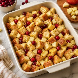 Apples and cranberries scattered through bread cubes