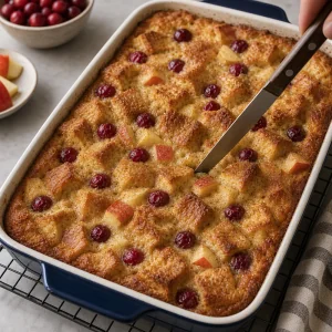 Baked bread pudding checked with a knife