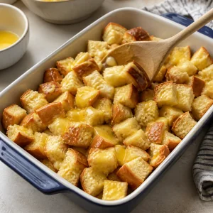 Bread cubes coated with melted butter in the baking dish