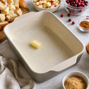 Buttered baking dish ready for bread pudding