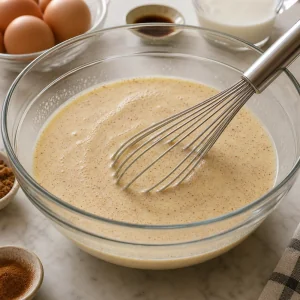 Cinnamon vanilla custard being whisked in a bowl