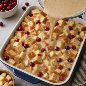 Custard poured over bread cubes, apples, and cranberries